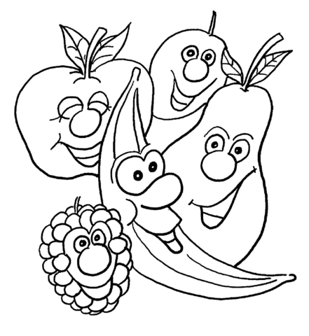 441x480 Cartoon Banana, Pear, Apple, Berry And Cherry. Coloring Page