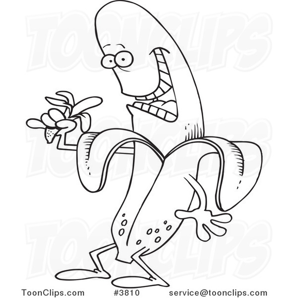 581x600 Cartoon Black And White Line Drawing Of A Banana Character Eating