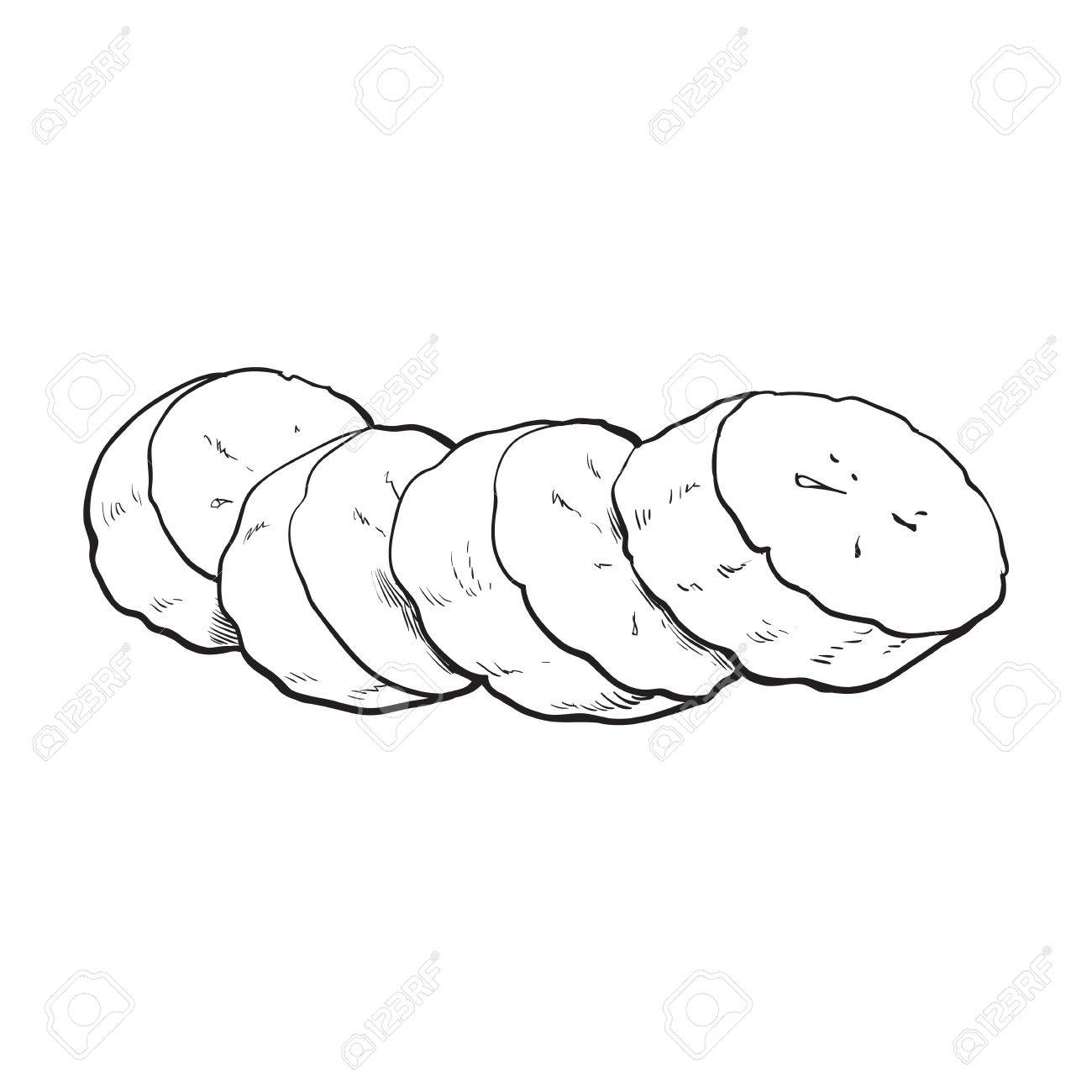 1300x1300 Black And White Sliced, Chopped Unpeeled Ripe Banana, Sketch