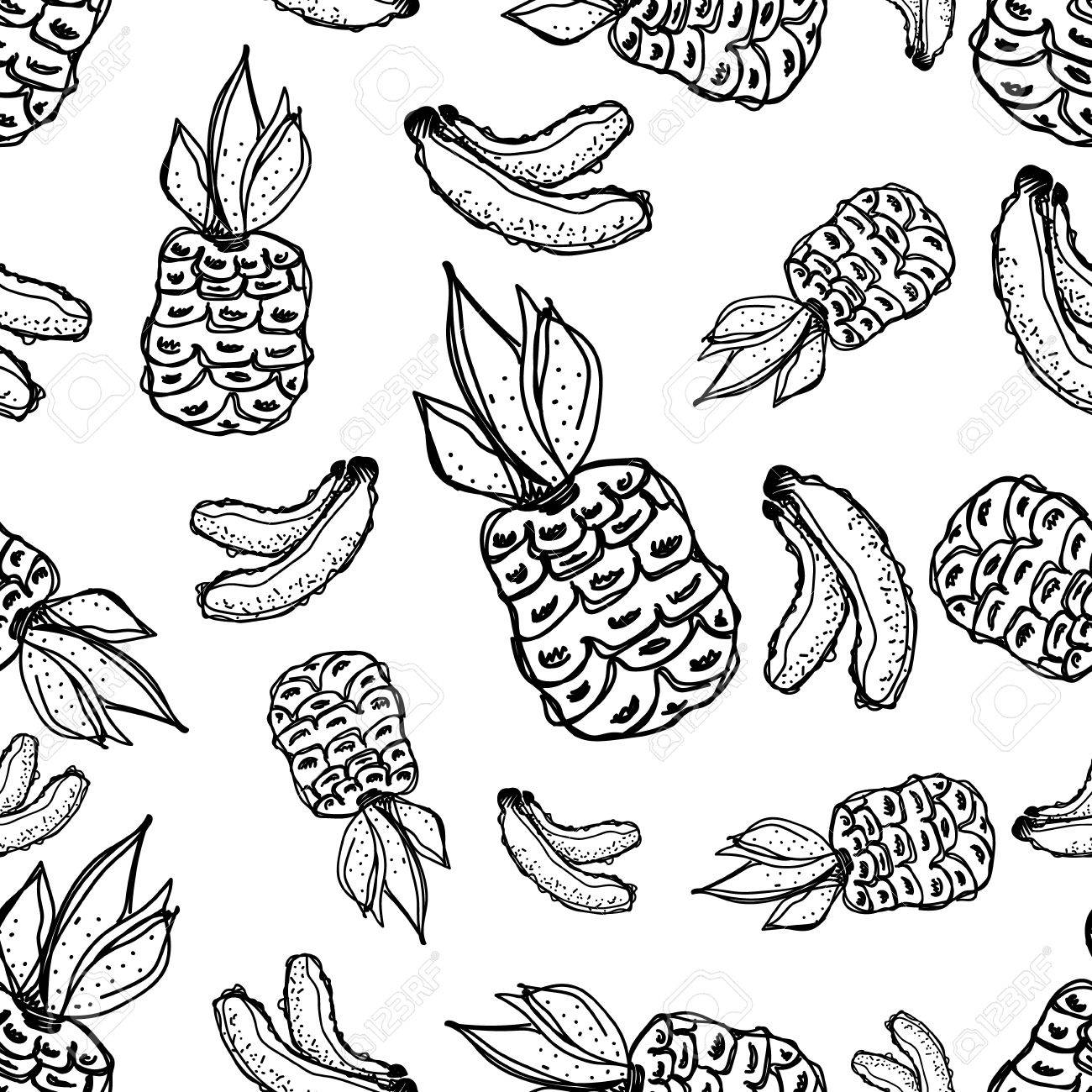 1300x1300 Seamless Vector Pattern. Hand Drawn Black And White Fruits