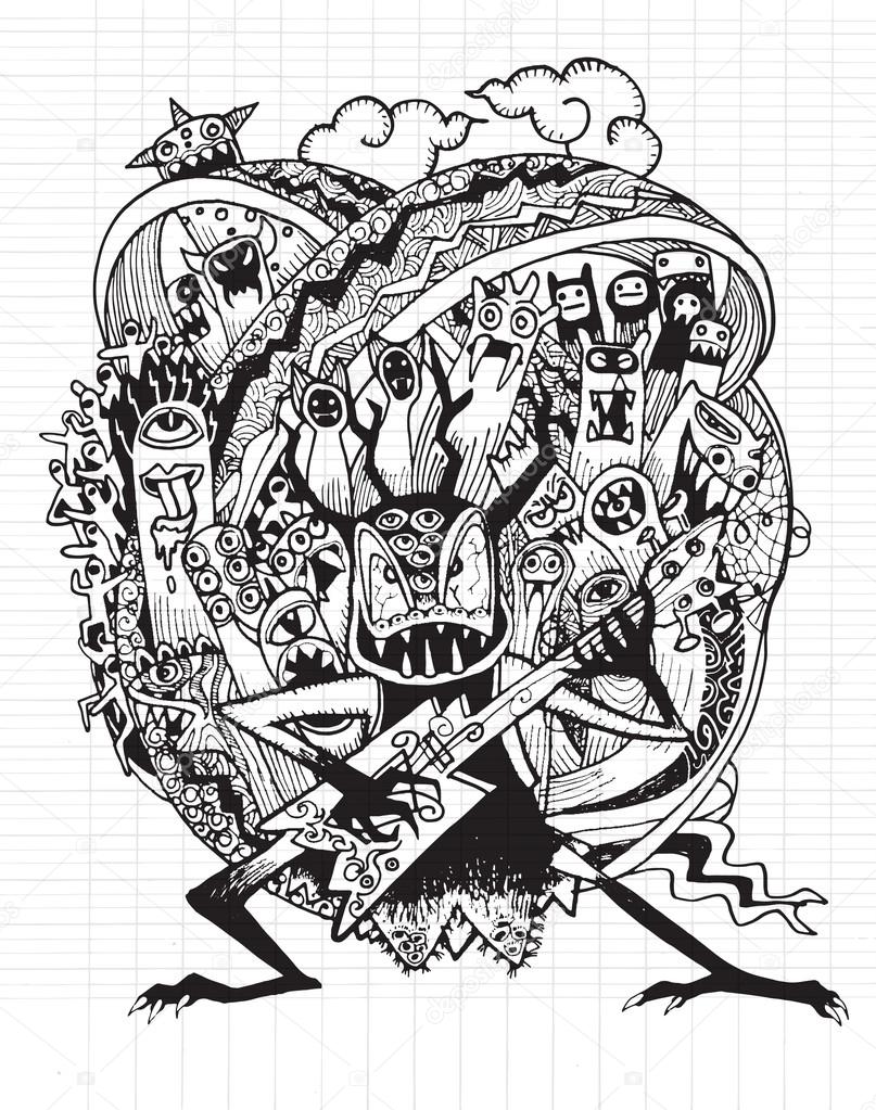 807x1023 Hand Drawn Monster Rock Band Playing Rock Music Stock Vector