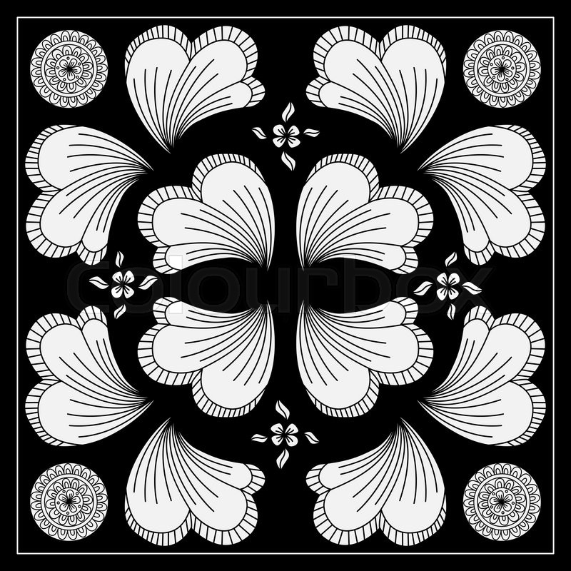 800x800 Black And White Abstract Bandana Print With Fantasy Flower. Square