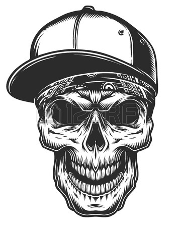 360x450 Illustration Of Skull In Bandana And Baseball Cap. Monochrome