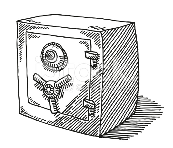 556x476 Hand Drawn Vector Drawing Of A Bank Safe. Black And White Sketch