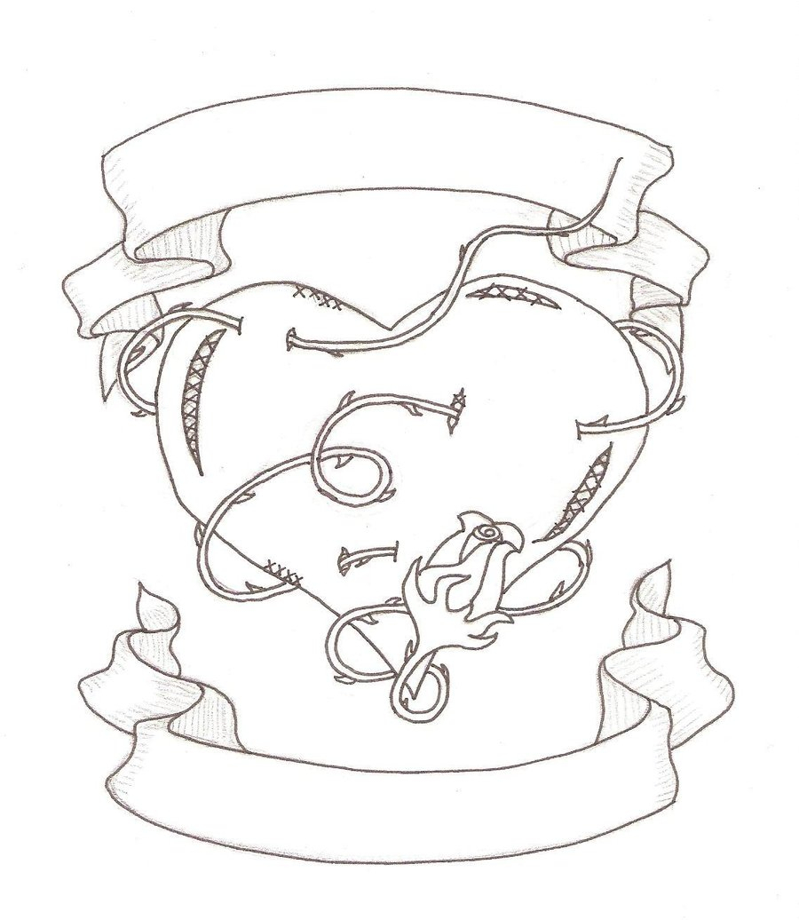 900x1036 Heart With Banner And Rose Drawings