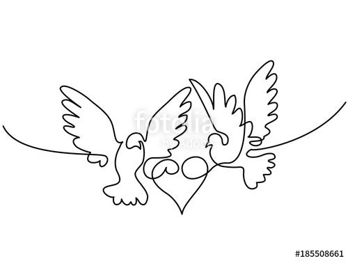 500x375 Continuous One Line Drawing. Flying Two Pigeons With Heart