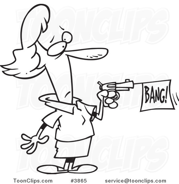 581x600 Cartoon Black And White Line Drawing Of A Lady Shooting A Bang