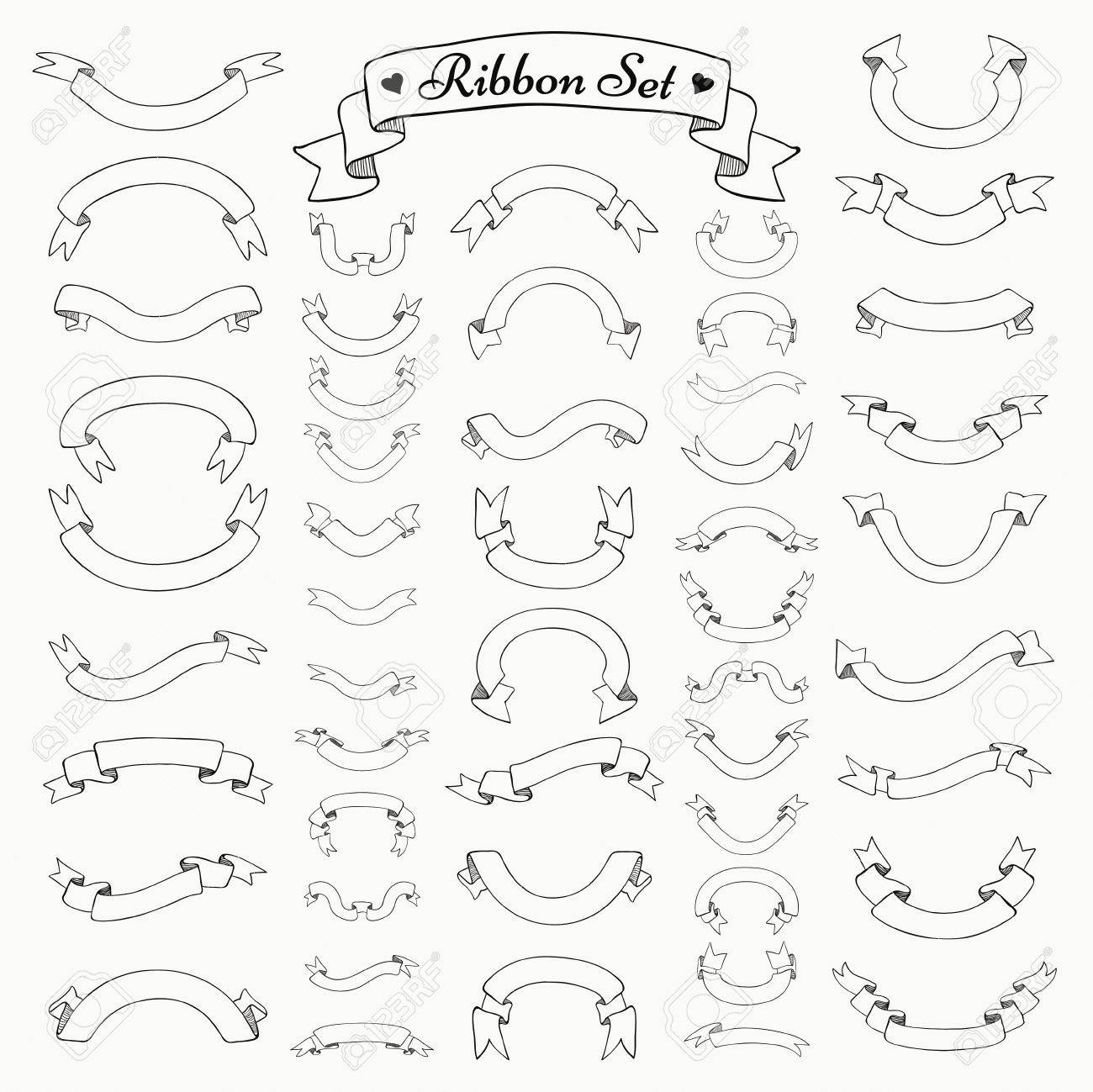 1300x1299 Set Of Black Hand Drawn Outlined Ribbons And Banners. Doodle