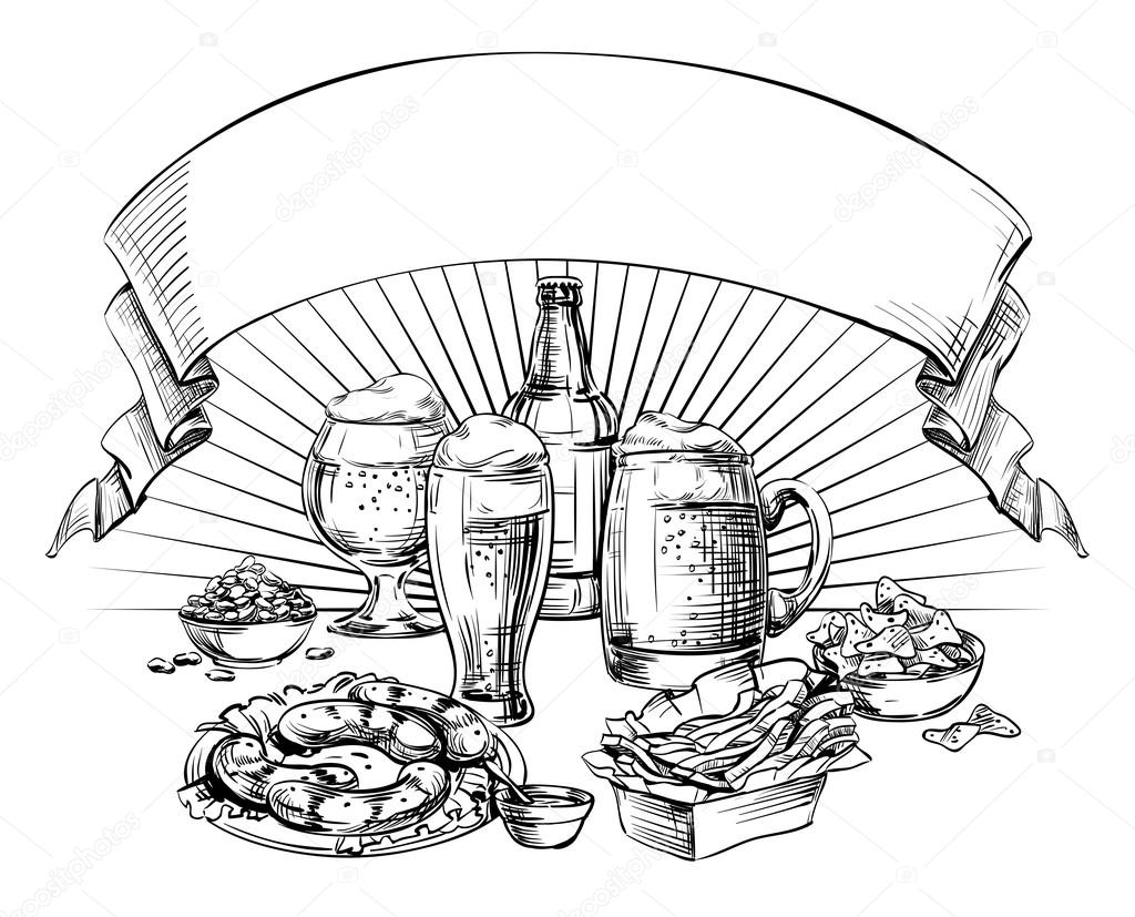 1024x827 Different Glass Mugs, Bottle, Cans Beer And Snacks With Curved