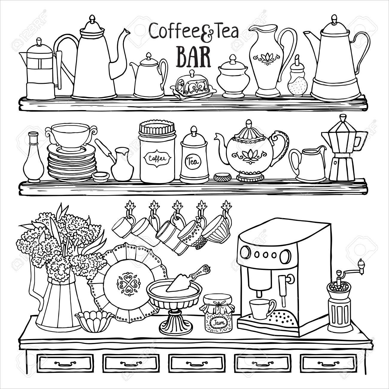 1300x1300 Hand Drawn Set Of Coffee And Tea Bar. Black And White Sketch
