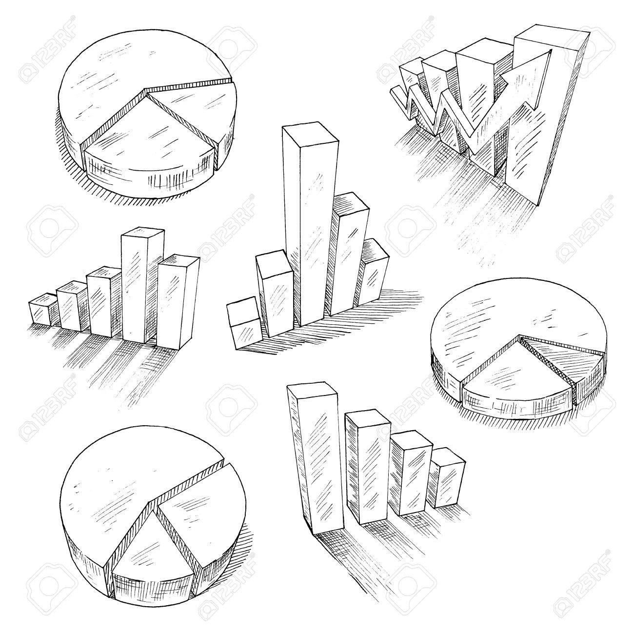 1300x1300 Sketched 3d Charts And Graphs With Different Bar Graphs And Pie