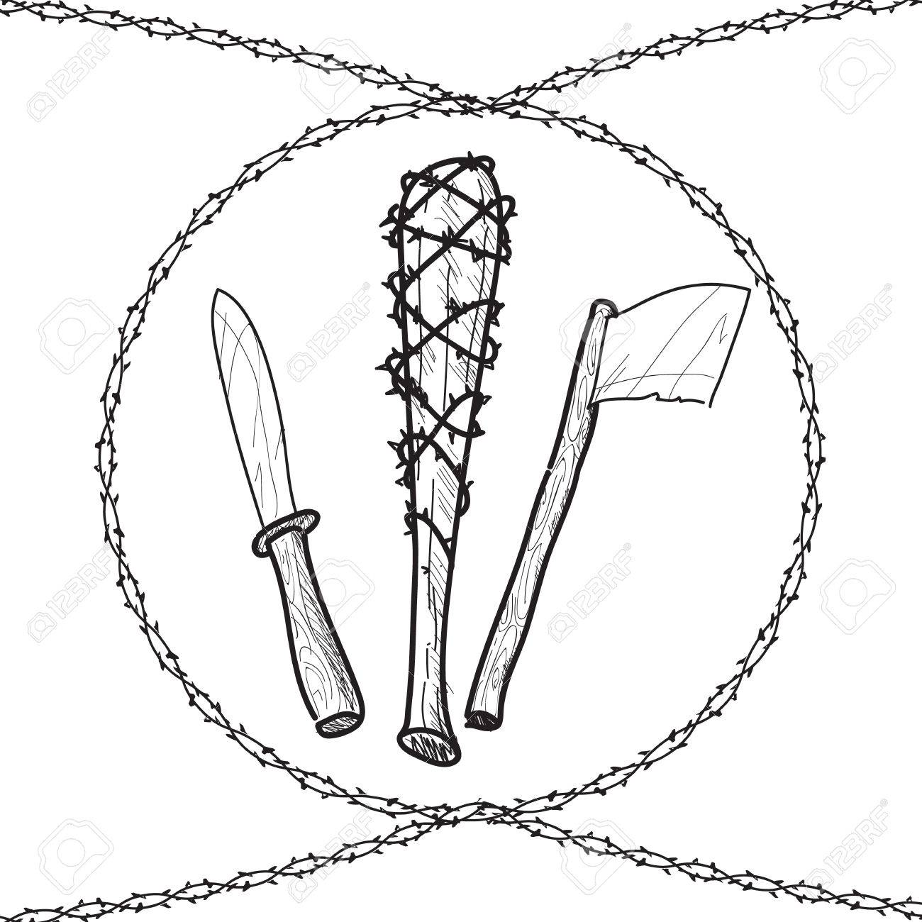 1300x1300 Knives Axes Baseball Wire Barb Bats Sketch Illustration Royalty
