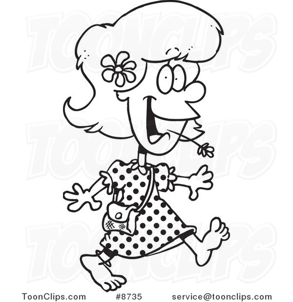 581x600 Cartoon Black And White Line Drawing Of A Barefoot Country Girl