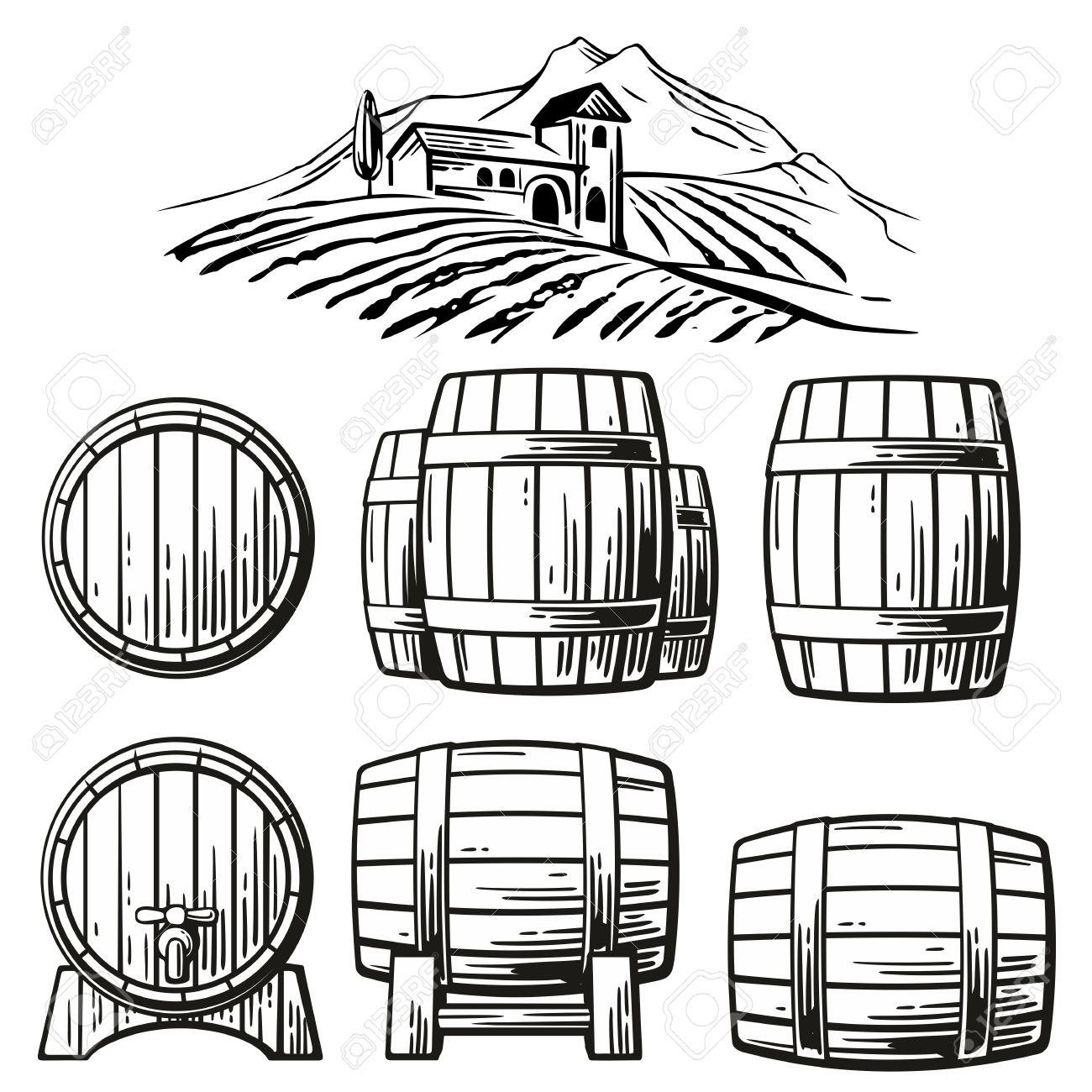 1300x1300 Wooden Barrel Set And Rural Landscape With Villa, Vineyard Fields