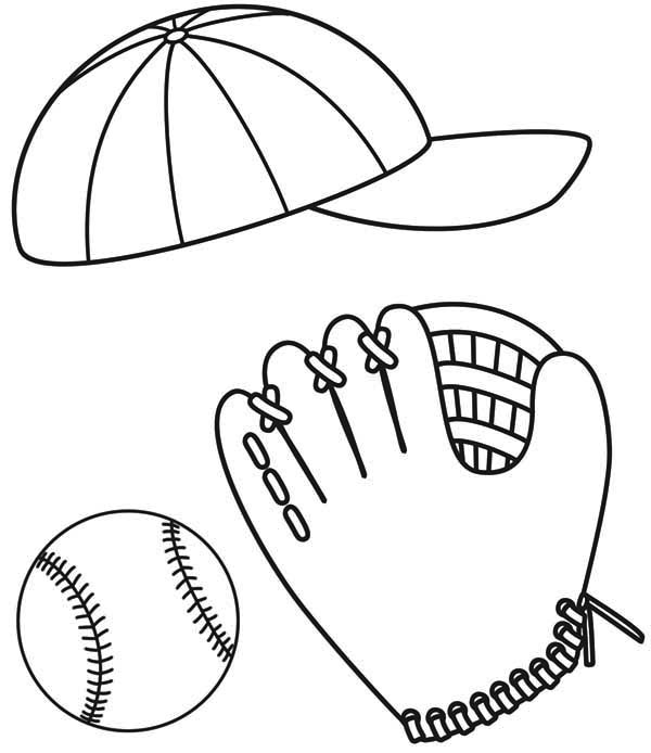 600x694 Baseball Cap, Glove And Ball Coloring Page
