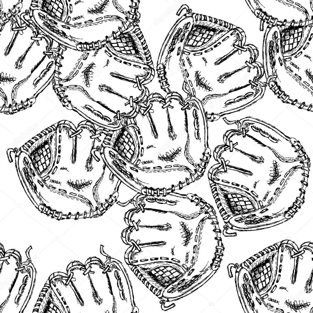 1023x1024 Sketch Baseball Glove, Vintage Seamless Pattern Stock Vector