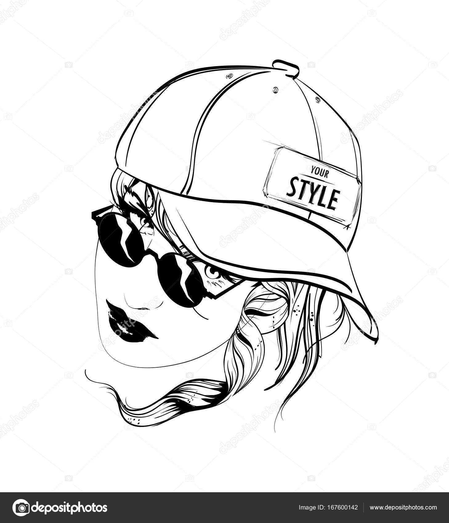 1458x1700 A Girl In A Baseball Cap And Glasses. Fashion Girl. Stock Vector