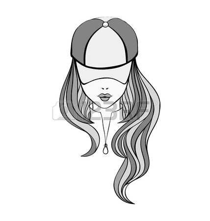 428x450 Lady With Long Hair Wearing Sweatshirt And Baseball Cap. Line