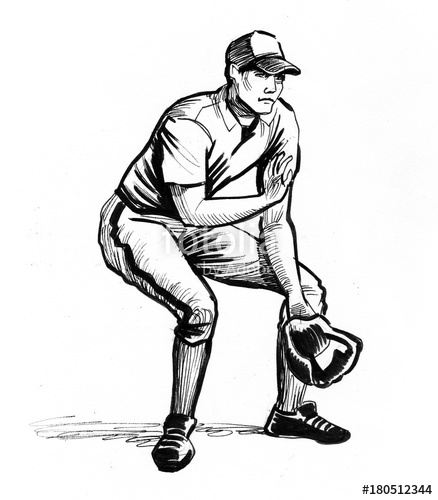 438x500 Ink Drawing Of A Baseball Player Stock Photo And Royalty Free