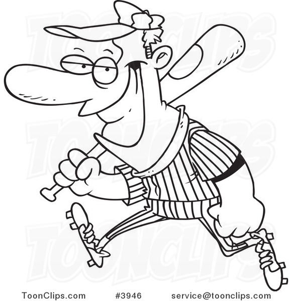 581x600 Cartoon Black And White Line Drawing Of A Grinning Baseball Player