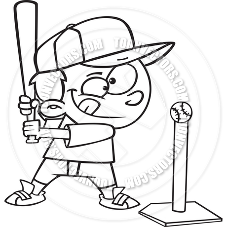 460x460 Cartoon Boy Baseball Player Hitting Tee Ball (Black Amp White Line
