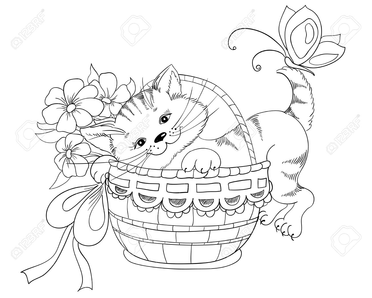 1300x1041 Vector Hand Drawing Kitty And Bouquet Of Flowers In Basket Royalty