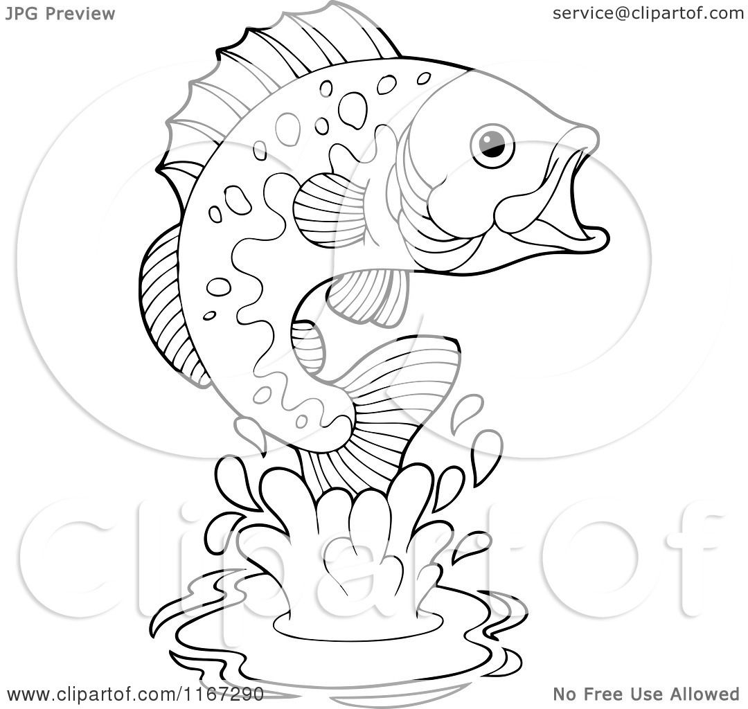 1080x1024 Cartoon Of An Outlined Leaping Bass Fish