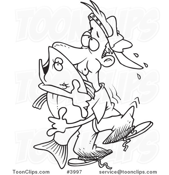 581x600 Cartoon Black And White Line Drawing Of A Guy Hugging A Bass Fish