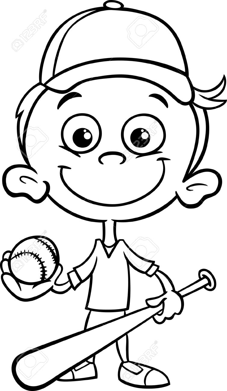 754x1300 Black And White Cartoon Illustration Of Funny Boy Baseball Player