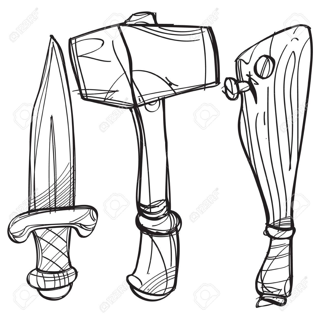 1300x1300 Dagger, Hammer And Baseball Bat. Cartoon Drawing For Gaming Mobile