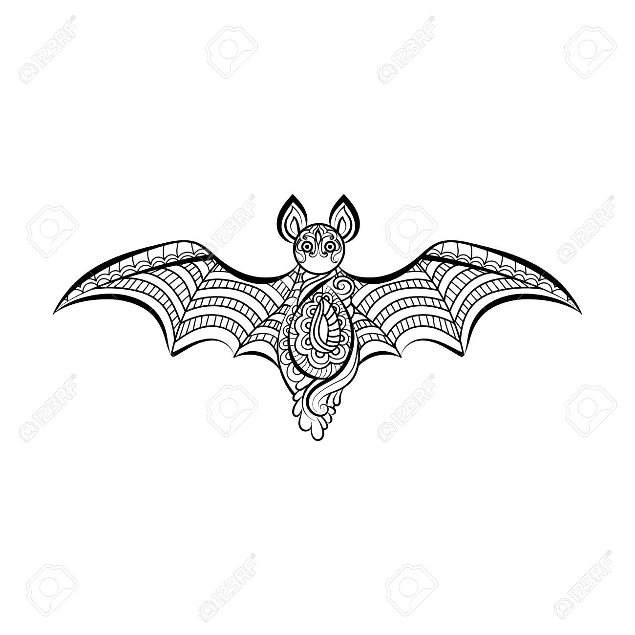 1300x1300 Decorative Bat. Hand Drawn Sketch For Adult Anti Stress Coloring