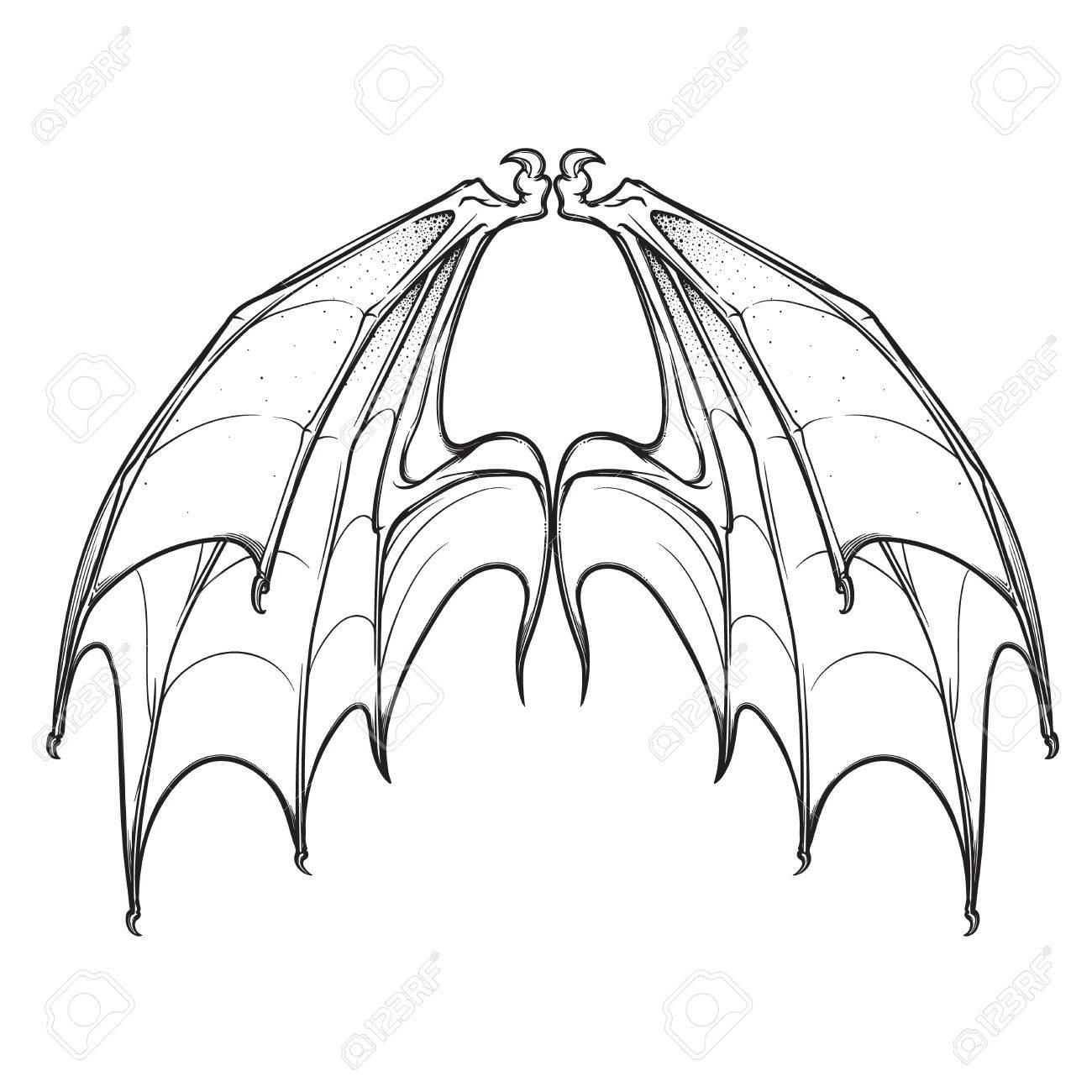 1300x1300 Bat Membranout Wings Sketch. Halloween Concept Art. Isolated