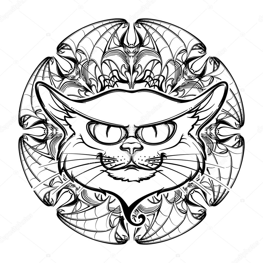 1024x1024 Black Cat Head On Circular Bat Wings Ornament Stock Vector