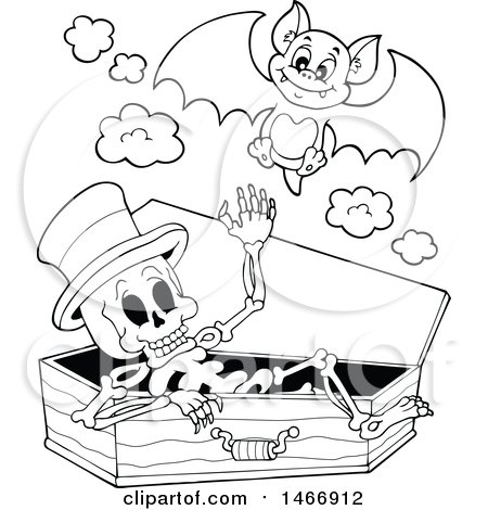 450x470 Clipart Of A Black And White Skeleton In A Coffin And Vampire Bat