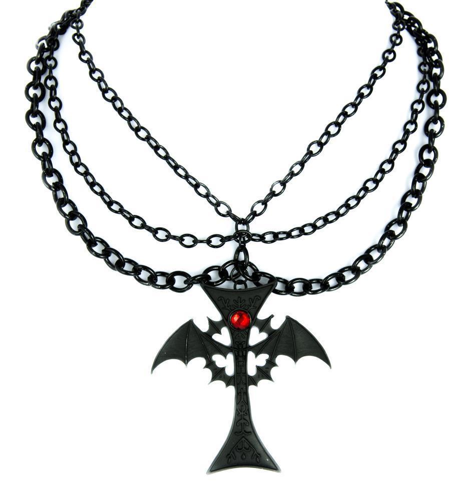 933x1005 Bat Wings Cross W Red Stone On Black Triple Chain Necklace Gothic