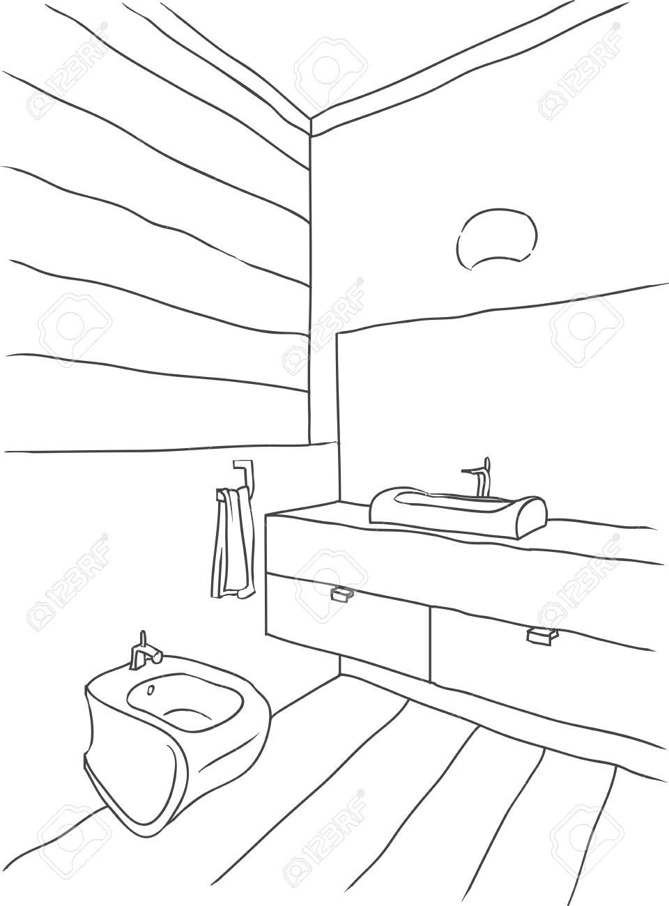 960x1300 Contour Drawing Of Bathroom Interior, Modern Style Royalty Free