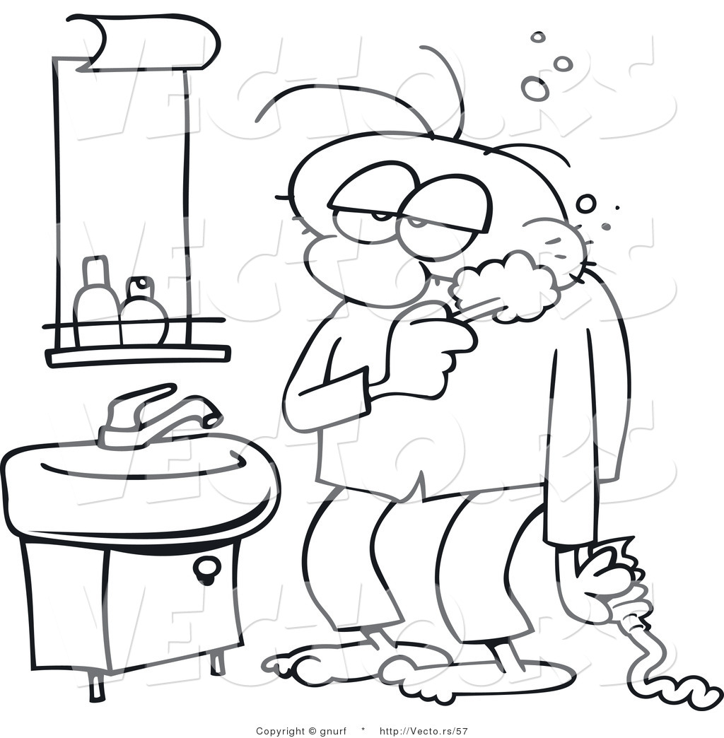 1024x1044 Vector Line Drawing Of A Tired Guy Brushing His Teeth In