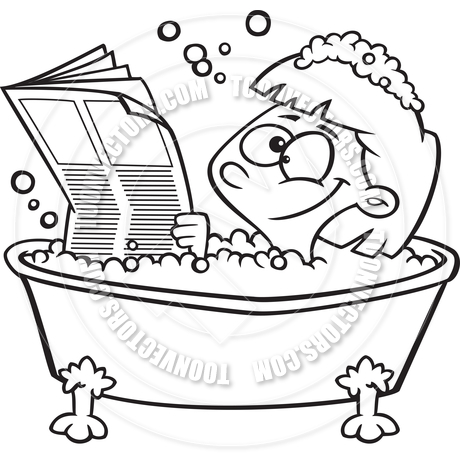 460x460 Cartoon Woman Reading Newspaper In Bathtub (Black And White Line