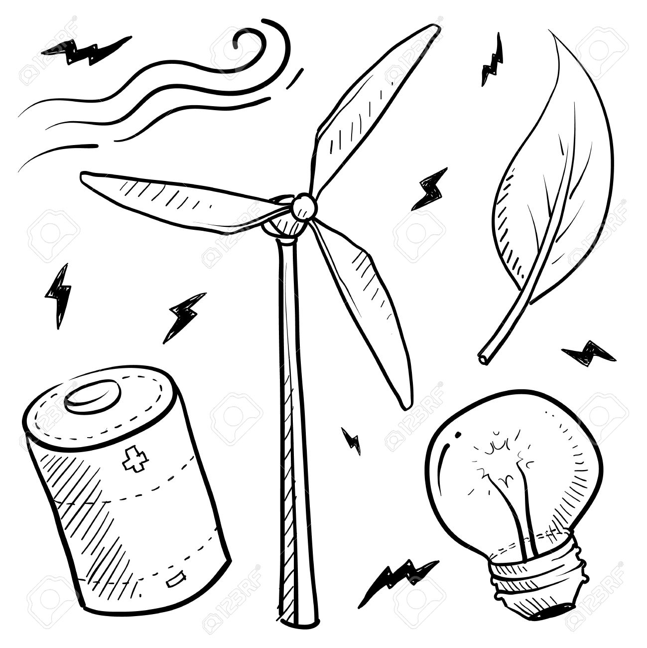 1299x1300 Doodle Style Renewable Wind Energy Sketch In Vector Format Set