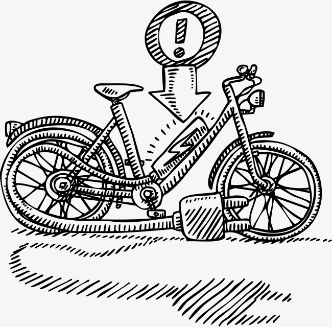 650x640 Vector Line Drawing Battery Bike, Power Cable, Bicycle, Battery