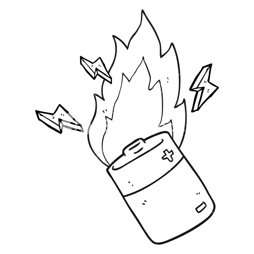1000x1000 Freehand Drawn Black And White Cartoon Flaming Battery Royalty