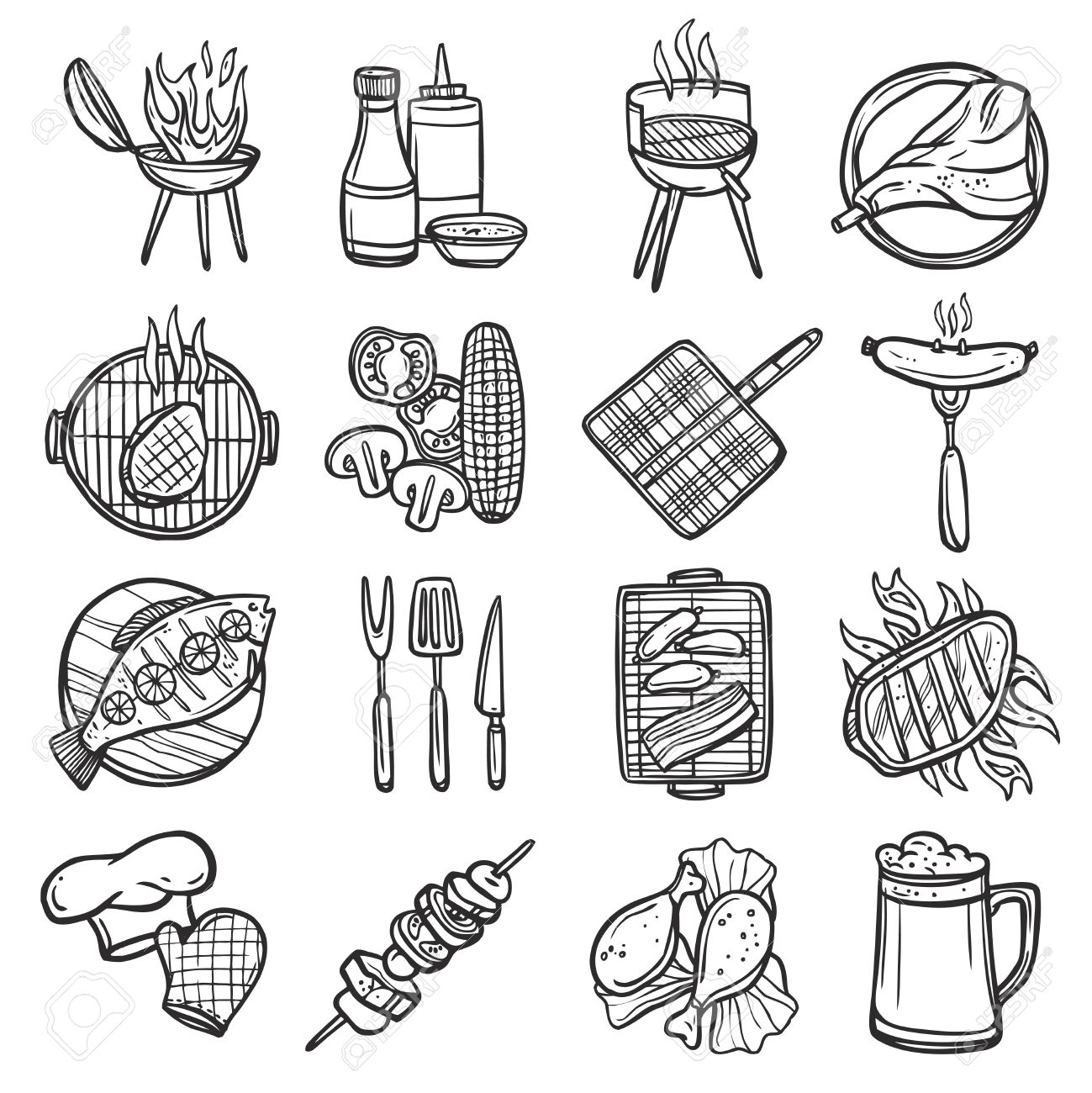 1299x1300 Bbq Grill Sketch Decorative Icons Set With Meat Sauces And Kitchen