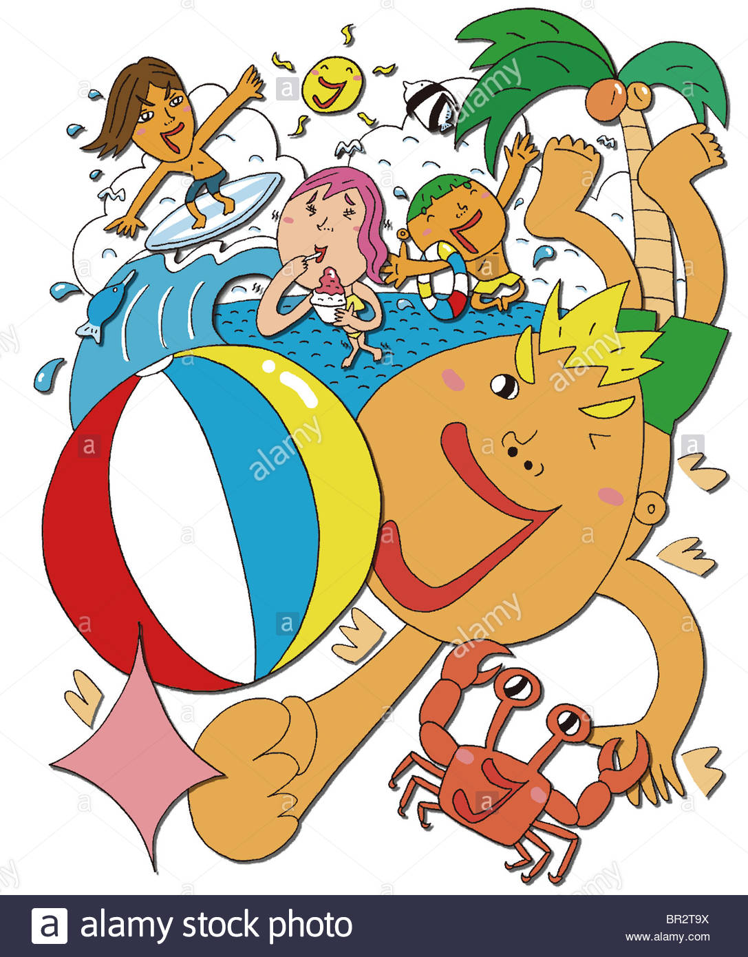 1087x1390 A Cartoon Drawing Of Beach Activities Stock Photo, Royalty Free