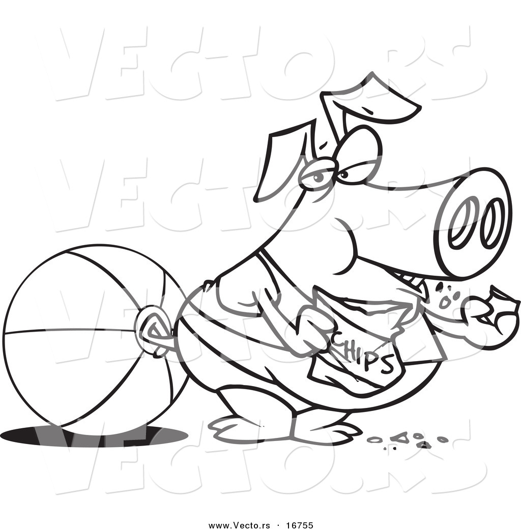1024x1044 Vector Of A Cartoon Fat Pig Eating Chips On A Beach