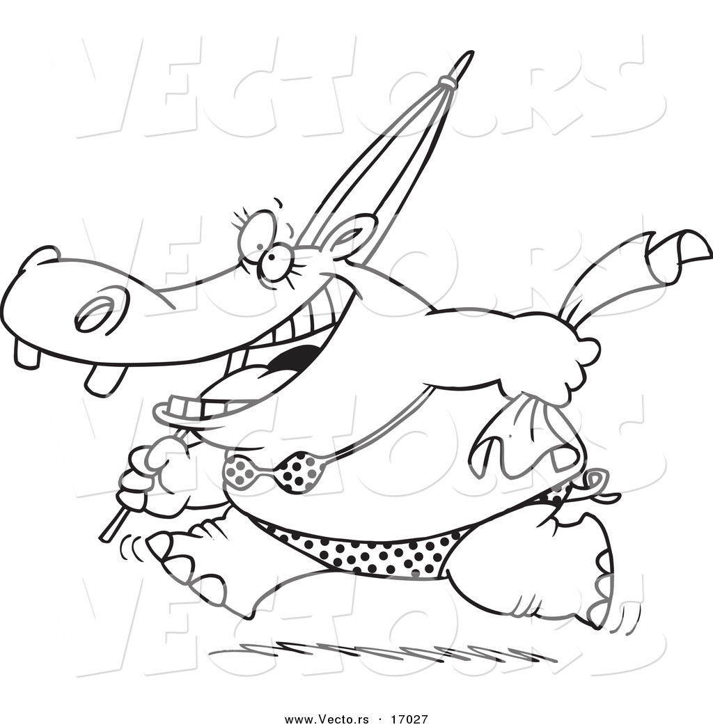 1024x1044 Vector Of A Cartoon Summer Hippo Running In A Bikini On A Beach