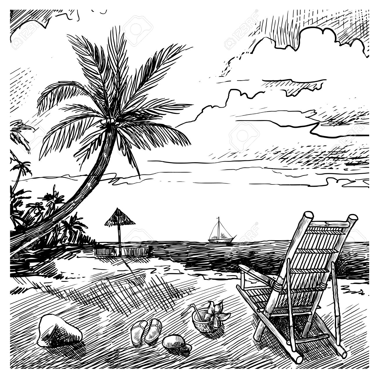 1299x1300 Summer Beach Sketch Background With Palm Chair Coconut And Yacht