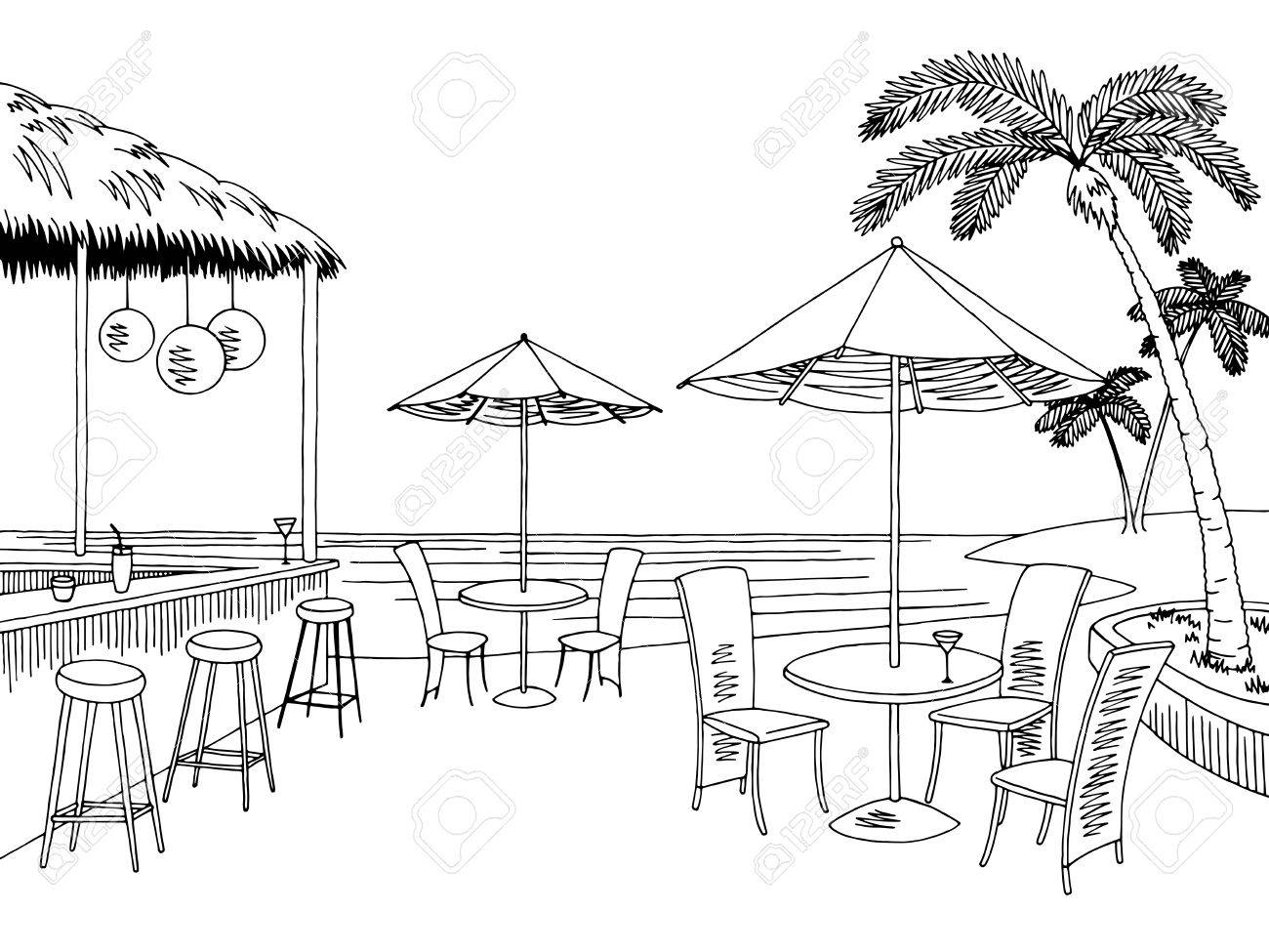 1300x975 Beach Cafe Bar Graphic Black White Landscape Sketch Illustration