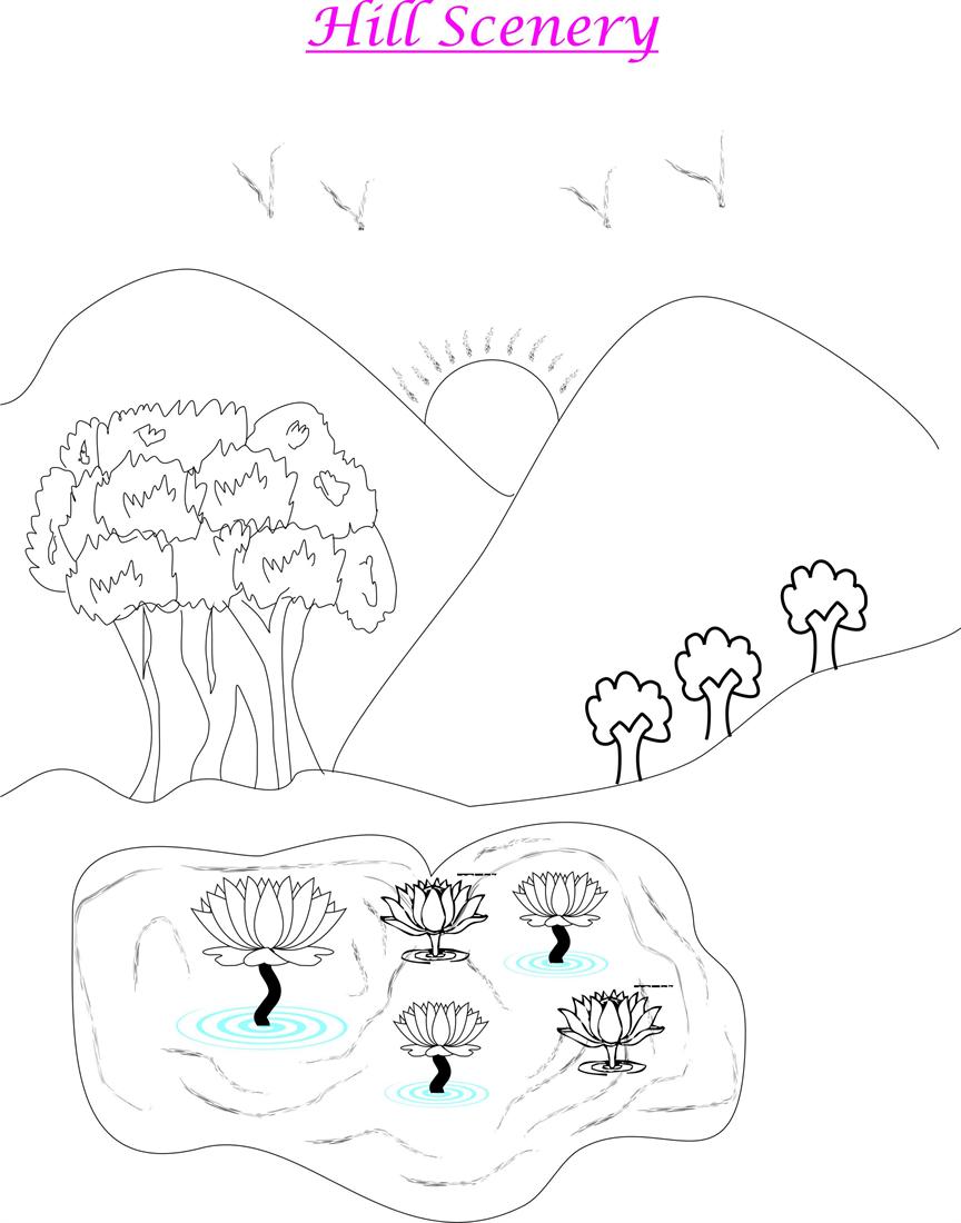 864x1100 Hill Scenery Coloring Page For Kids
