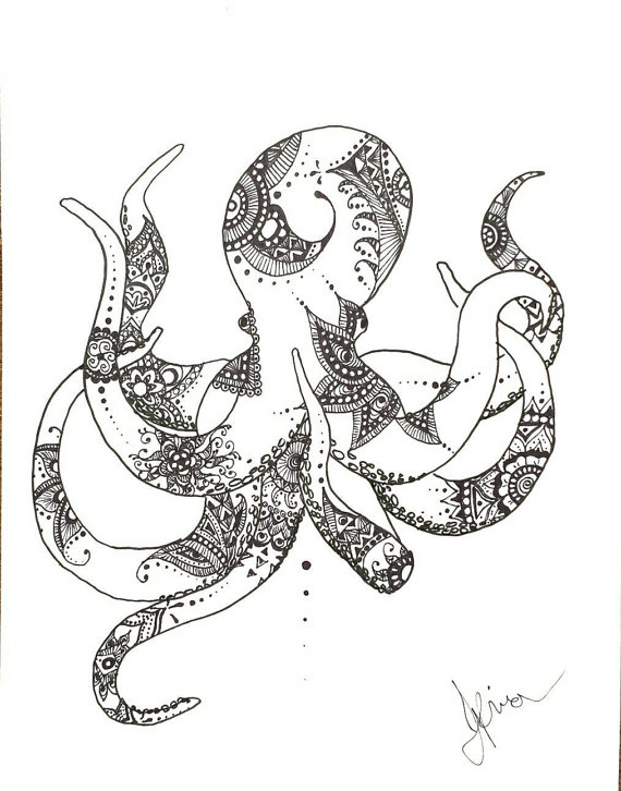 570x726 Pen And Ink Octopus Henna Style Drawing Print. Beach Ocean