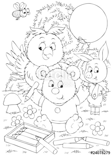 361x500 Bear Cub, Owlet Piglet Drawing With Pencils Stock Photo